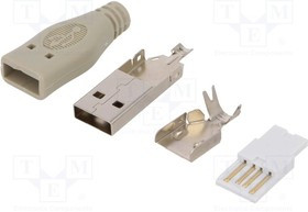 LOG-UP0001, Вилка; USB A; "папа"; на провод; пайка; PIN: 4; прямой; серый