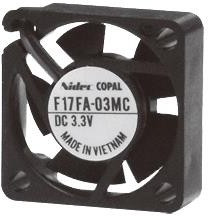 F17FA-03MC, DC Fans Brushless DC Fan, 17 X 17 X 5mm, 3.3V DC, .01m3/min Air flow, 6 Pa Static pressure, 5db Noise, 1 sleeve bearing