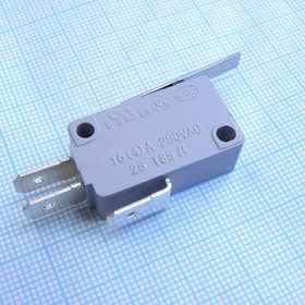 Микропереключатель СВЧ печи с рычагом, 28*16*10мм 1 группа на переключение, с рычагом 25мм, контакты шириной 6.3мм