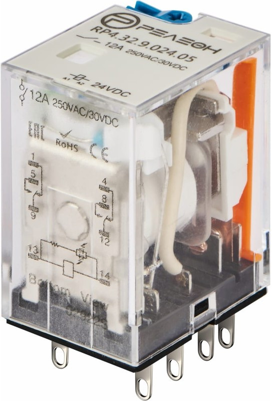 RP4.32.9.024.05, Реле 2 пер. 24VDC, 12A/ 250VAC с кнопкой проверки и светодиодом