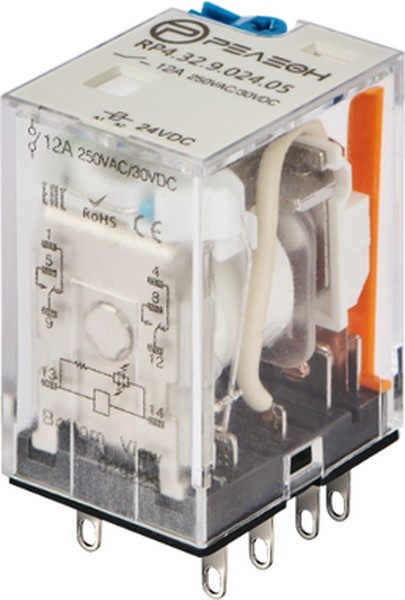 RP4.32.9.024.05, Реле 2 пер. 24VDC, 12A/ 250VAC с кнопкой проверки и светодиодом