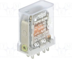 R2M-12VAC, Реле: электромагнитное, DPDT, Uобмотки: 12ВAC, 5A/250ВAC, 5A/24ВDC