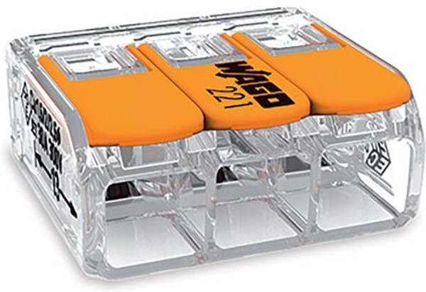 221-613, 3-проводная клемма, d: 0,5-6 мм2, прозр. корпус, оранж. рычаг 221-613, 3-проводная клемма, d: 0,5-6 мм2, прозр. корпус, оранж. рычаг