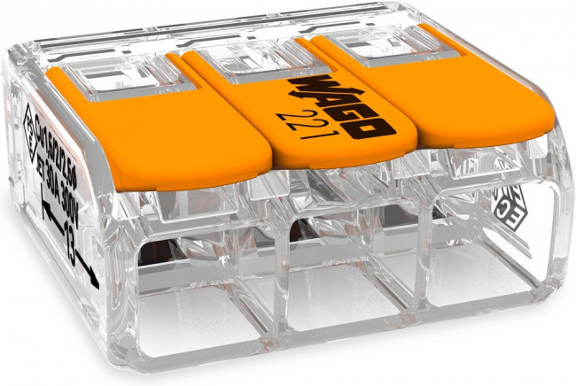 221-613, 3-проводная клемма, d: 0,5-6 мм2, прозр. корпус, оранж. рычаг 221-613, 3-проводная клемма, d: 0,5-6 мм2, прозр. корпус, оранж. рычаг