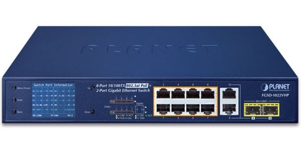 FGSD-1022VHP неуправляемый коммутатор с LCD PoE мниторингом 8-Port 10/100TX 802.3at PoE + 2-Port Gigabit TP/SFP combo Desktop Switch with LC FGSD-1022VHP неуправляемый коммутатор с LCD PoE мниторингом 8-Port 10/100TX 802.3at PoE + 2-Port Gigabit TP/SFP combo Desktop Switch with LC