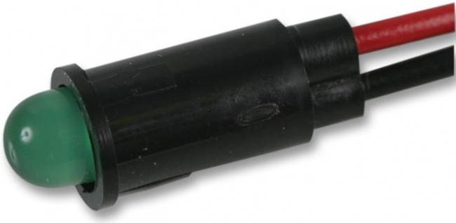 559-2201-007F, LED Panel Mount Indicators HI EFF GREEN DIFF 14in WIRE LEADS