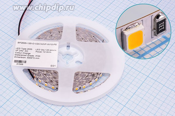 Лента светодиодная 24В, цвет оранжевый, мощность 10,0Вт/м, SMD2835, IP20, без скотча; №14328O СДЛ\лента\ 24В\оран\10,0Вт/м\ SMD2835\IP20\8x1