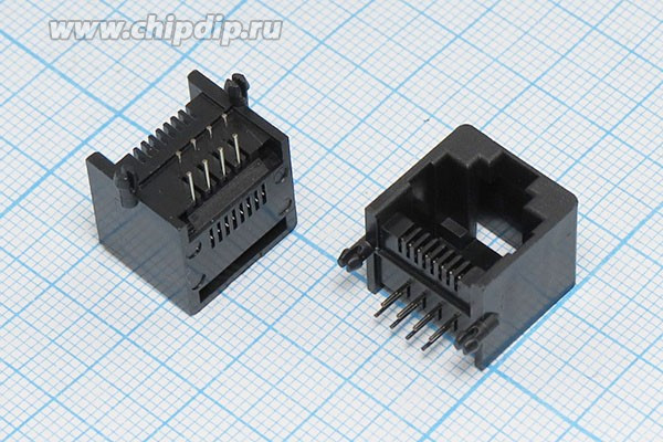 Разъем телефонный T7-8P8C[RJ-45] розетка, контакты 8P, на плату, угловой, T7-8P8C[RJ-45]