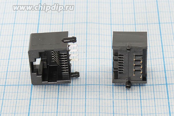 Разъем телефонный T7-8P8C[RJ-45] розетка, контакты 8P, на плату, угловой, T7-8P8C[RJ-45]