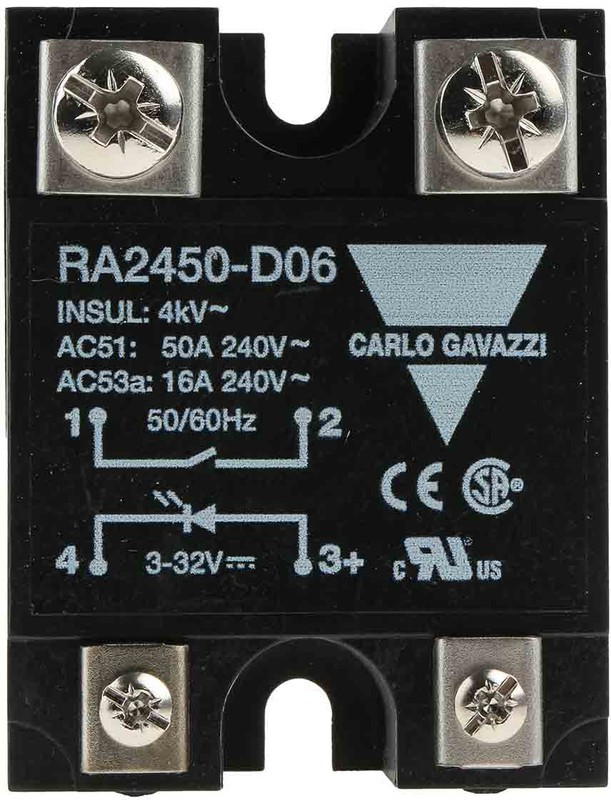 RA2450-D06, RA 24 Series Solid State Relay, 50 A Load, Panel Mount, 280 V ac Load, 32 V dc Control RA2450-D06, RA 24 Series Solid State Relay, 50 A Load, Panel Mount, 280 V ac Load, 32 V dc Control