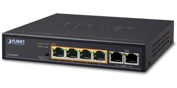 FSD-604HP, Неуправляемый коммутатор Planet 4 порта 10/100Mbps 802.3at РоЕ до 250м, 60Ватт, 2 порта 10/100Мб/с