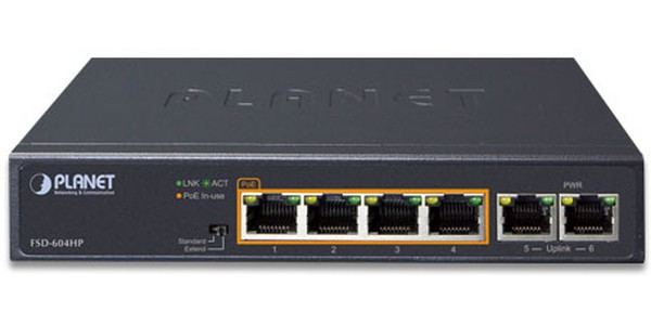 FSD-604HP, Неуправляемый коммутатор Planet 4 порта 10/100Mbps 802.3at РоЕ до 250м, 60Ватт, 2 порта 10/100Мб/с