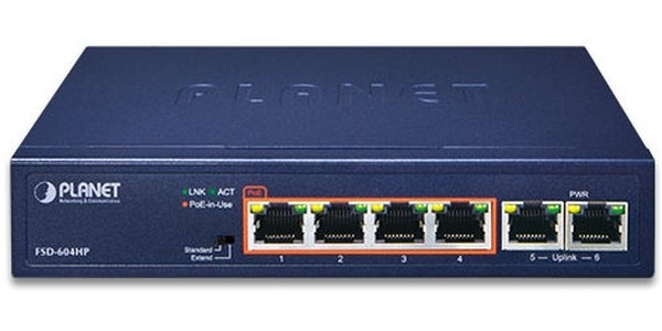 FSD-604HP, Неуправляемый коммутатор Planet 4 порта 10/100Mbps 802.3at РоЕ до 250м, 60Ватт, 2 порта 10/100Мб/с
