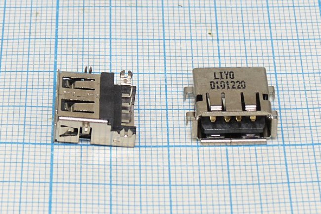 Гнездо USB, Тип A, угловое, реверсивное (reverse), 4 контакта, на плату; №13264 гн USB revers\A\4P4C\ плат\угл\\USBA-SA4 REV