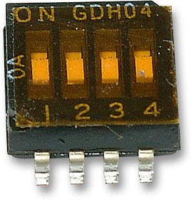 GDH04S04, DIP / SIP переключатель, 4 схем(-а), Ползунок, SMD (Поверхностный Монтаж), SPST, 24 В DC, 25 мА GDH04S04, DIP / SIP переключатель, 4 схем(-а), Ползунок, SMD (Поверхностный Монтаж), SPST, 24 В DC, 25 мА