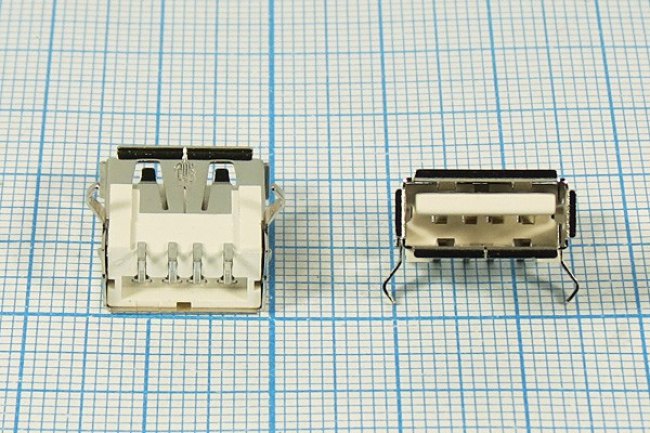 Гнездо USB, Тип A, угловое, 4 контакта, SMD на плату; №10279 гн USB \A\4P2C\плат\угл\SMD\USB A-FR SMD