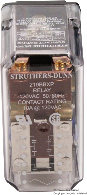 219BBXP 120VAC, RELAY, DPDT-NO, 240VAC, 28VDC, 10A 219BBXP 120VAC, RELAY, DPDT-NO, 240VAC, 28VDC, 10A