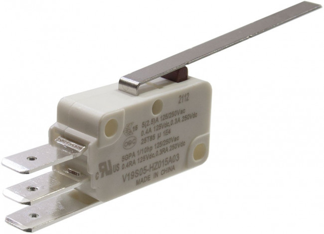 V19S05-HZ015A03, микропереключатель SPDT длинная лапка 250В 5А фастон 6,3мм 0.15N V19S05-HZ015A03, микропереключатель SPDT длинная лапка 250В 5А фастон 6,3мм 0.15N
