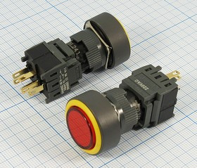 Кнопка с фиксацией DPST, ON-OFF/OFF-ON, красный с подсветкой, 220В/5А; №10949R ПКн\250\ 5\DPDT\d16\сер\ ILкр\\6C\M16-371R\