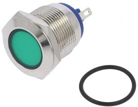 IND19-12G-C, Индикат.лампа LED, плоский, 12ВDC, 12ВAC, Отв d19мм, латунь