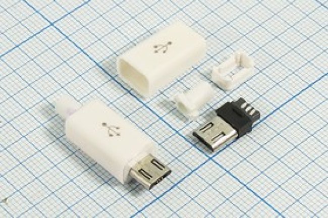 Разъем microUSB вилка, тип B, контакты 5C, на кабель, кожух, microUSBB5PBW Разъем microUSB вилка, тип B, контакты 5C, на кабель, кожух, microUSBB5PBW