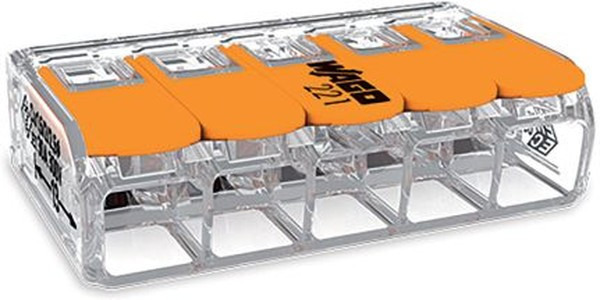 221-615, 221 Series Lever Connector, 5-Way, 41A, 20 10 AWG Wire, Cage Clamp Termination