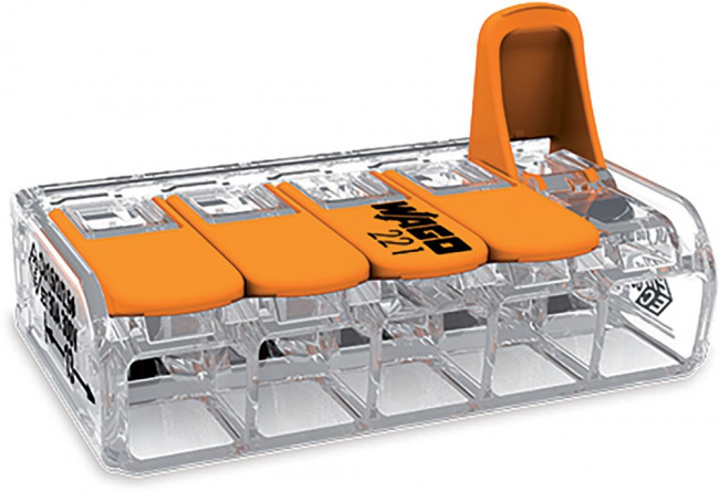 221-615, 221 Series Lever Connector, 5-Way, 41A, 20 10 AWG Wire, Cage Clamp Termination