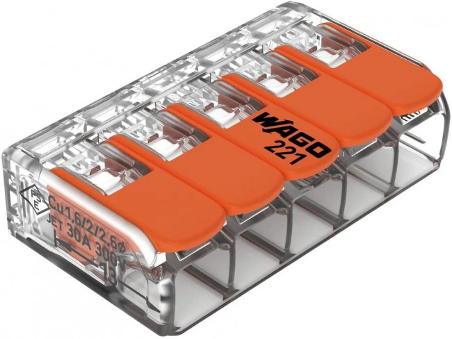 221-615, 221 Series Lever Connector, 5-Way, 41A, 20 10 AWG Wire, Cage Clamp Termination