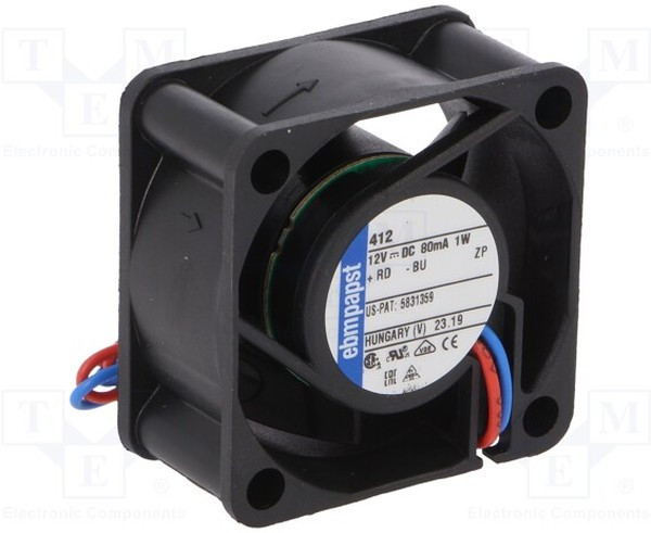 412/2P, Вентилятор осевой, 40х40х20мм,12В, DC, 1Вт, скольжения, 6000об/мин, 4 провода 412/2P, Вентилятор осевой, 40х40х20мм,12В, DC, 1Вт, скольжения, 6000об/мин, 4 провода