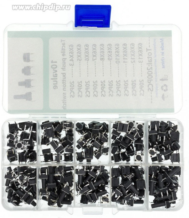 Набор тактовых кнопок/переключателей для выводного THT-монтажа (DIP) (200 шт) Набор тактовых кнопок/переключателей для выводного THT-монтажа (DIP) (200 шт)