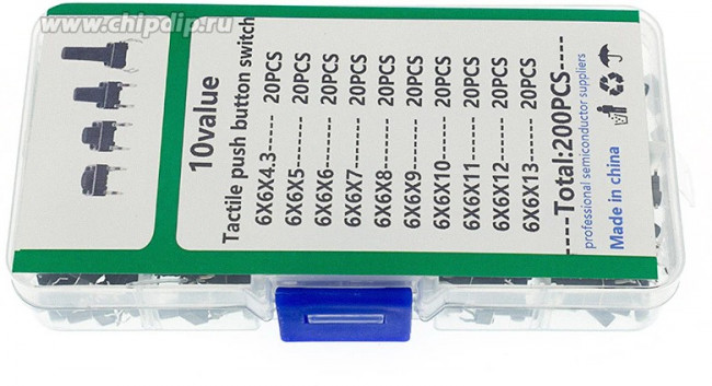 Набор тактовых кнопок/переключателей для выводного THT-монтажа (DIP) (200 шт) Набор тактовых кнопок/переключателей для выводного THT-монтажа (DIP) (200 шт)