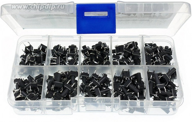 Набор тактовых кнопок/переключателей для выводного THT-монтажа (DIP) (200 шт) Набор тактовых кнопок/переключателей для выводного THT-монтажа (DIP) (200 шт)