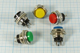 Включатель кнопочный без фиксации (SPST), OFF-(ON) красного цвета, 220В/2А, d16мм; №153 R ПКн\250\ 2,0\(SPST)\d16\ мет\кр\\2C\PBS-26B\