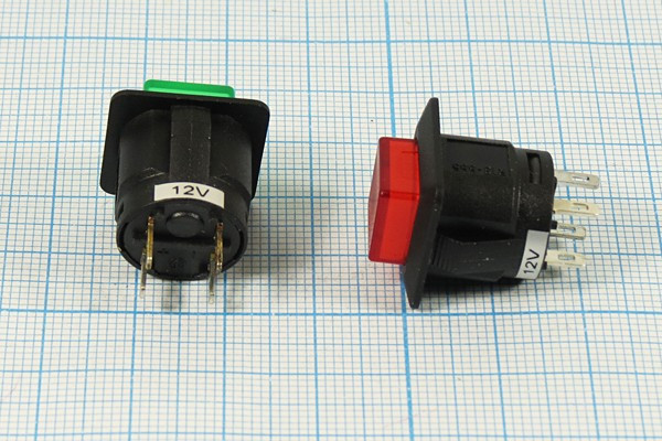 Выключатель кнопочный с фиксацией SPST, ON-OFF, зелёный с подсветкой, 12В/6А, d16мм; №10463G ПКн\ 12\ 6\SPST\d16\чер\ ILзел\\4C\R13-555BLG\