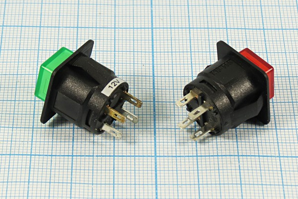 Выключатель кнопочный с фиксацией SPST, ON-OFF, зелёный с подсветкой, 12В/6А, d16мм; №10463G ПКн\ 12\ 6\SPST\d16\чер\ ILзел\\4C\R13-555BLG\