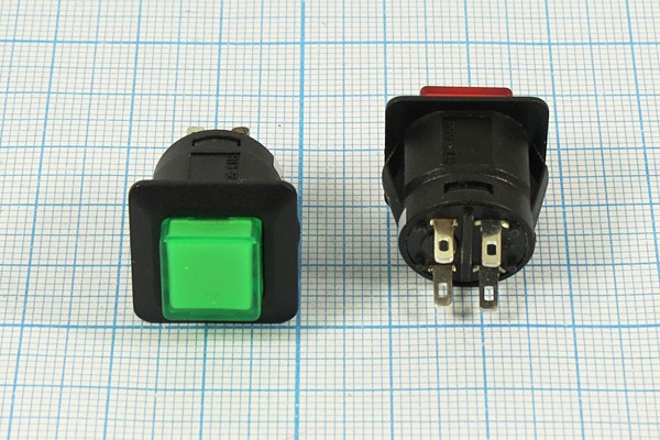 Выключатель кнопочный с фиксацией SPST, ON-OFF, зелёный с подсветкой, 12В/6А, d16мм; №10463G ПКн\ 12\ 6\SPST\d16\чер\ ILзел\\4C\R13-555BLG\