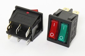 Переключатель клавишный, контакты 6T, 15А, 12В, 2-ON-OFF, подсветка ILзеленая-ILкрасная, KCD2-2101N-12В