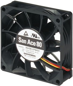 9GV0812P4K03, 9GV Series Axial Fan, 12 V dc, DC Operation, 127.1m³/h, 10.56W, 870mA Max, 80 x 80 x 25mm