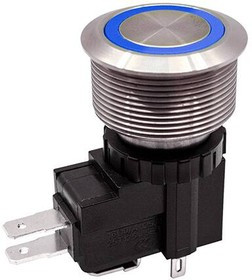 SAV7F1BSS341, Pushbutton Switches Anti-Vandal 22mm, 15 125/250VAC, 1P ON-(ON), Stainless Steel, Blue Ring LED, 3V, QC, IP67