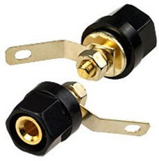 1-663G, гнездо банан 28мм пластик на корпус черный кабель до 6мм "позол."