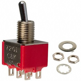 7201MDZQE, Switch Toggle ON None ON DPDT Round Lever Solder Lug 5A 250VAC 28VDC Panel Mount with Threads Medical Bulk