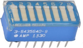 3-5435640-9, Switch DIP OFF ON SPST 8 Raised Rocker 1A 40VDC PC Pins 2.54mm Thru-Hole Tube