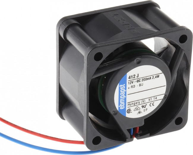 412 J, Вентилятор осевой, 40х40х25мм, 12В, DC, 2.4Вт, качения, 10300об/мин, 2 провода 412 J, Вентилятор осевой, 40х40х25мм, 12В, DC, 2.4Вт, качения, 10300об/мин, 2 провода