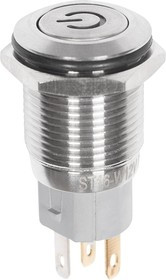 36-3241, Кнопка антивандальная ø16 12В(LED) Б/Фикс (5с) OFF-(ON)/ON-(OFF) плоская подсв/синяя POWER