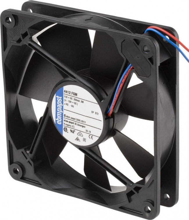 4412FGM, DC Fans DC Tubeaxial Fan, 119x119x25mm, 12VDC, 82CFM, 3.2W, 38dBA, 2400RPM, Sleeve