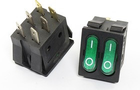 Переключатель клавишный, контакты 6T, 15А, 2-ON-OFF, подсветка ILзеленая, IRS2101-3C