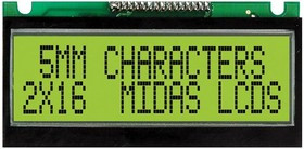MC21605F6WE-SPTLY, MC21605F6WE-SPTLY F Alphanumeric LCD Display Yellow-Green, 2 Rows by 16 Characters, Transflective