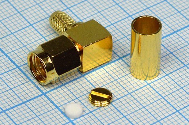 Разъем SMA вилка, RG58,обжимной, угловой,золото Разъем SMA вилка, RG58,обжимной, угловой,золото