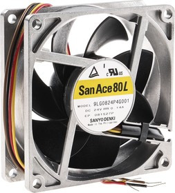 9LG0824P4G001, San Ace 9LG Series Axial Fan, 24 V dc, DC Operation, 92m³/h, 3.36W, 140mA Max, 80 x 80 x 25mm