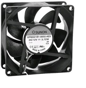 GF80321B1-000U-AE9, DC Fans Axial Fan, 80x80x32mm, 12VDC, 59.4CFM, 0.36"H2O, Ball, Wire, Auto Restart, IP68